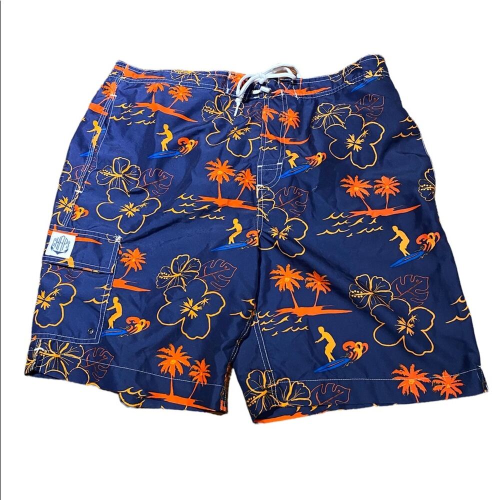 Chaps XL Mens Swim Trunks Navy and Orange Surfer Print
